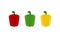 Three bell peppers. Red, green, yellow paprika set on white background.