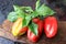 Three bell peppers on wooden background