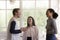 Three best friends lead pleasant conversation meet in restaurant