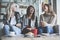 Three best friends. Young women having conversation.