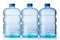 Three big blue-tinted water cooler bottles. White background. Concept of bulk hydration supply, water storage for office