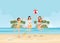 Three bikini woman jumping with ball on beautiful beach on tropical vacation.