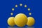 Three Bitcoin cryptocurrency with EUROPEAN UNION flag on background