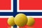 Three Bitcoins cryptocurrency with Norway flag on background