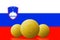 Three Bitcoins cryptocurrency with Slovenia flag on background