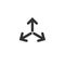 Three black arrows point to the center in circle. Triple Collide Arrows icon. Merge Directions icon. Vector