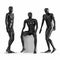 Three black mannequins two stand, one sits. Black and white plastic 3D rendering