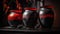 three black and red vases sitting on a table next to each other