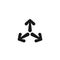 Three black rounded cartoon arrows point to the center. Triple Collide Arrows icon. Merge Directions icon.