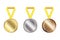 Three blank medals. Three awards with yellow ribbons. Gold, silver and bronze medals. Stock image.