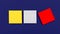 Three blank multi colored square stickers on dark blue background, top view. Blank space for future important events announcements