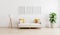 Three blank poster frame in bright modern living room with white sofa, floor lamp and green plant on wooden laminate. Scandinavian