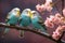 Three blue budgerigars sit on a branch of sakura blossoms. Generative AI