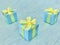 Three blue square gift boxes arranged in an inverted triangle diagonal on blue green gray watercolor textured background.