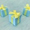 Three blue square gift boxes arranged in an inverted triangle diagonal on blue green gray watercolor textured background, square.