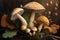 Three boletus mushroom boletus edulis mushrooms in the forest, Generative AI