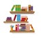 Three bookshelves with different colorful books.