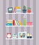 Three bookshelves with favorite books, watches, flowers, cactuses and candles. Vector illustration