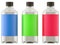 Three bottles for chemicals or drugs with colorful stickers isolated