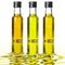 Three bottles of different olive oil on liquid reflections