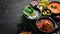 Three bowls with colored soup. Spinach, tomato and carrot soup. Healthy food.