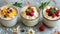 Three bowls of rice pudding with fruit toppings and mint