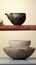 Three bowls and a teapot sit on a shelf. Generative AI image.