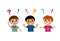 Three boys under question marks and exclamation marks. Brooding children think with question marks and exclamations above their