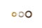 Three brass multicoloured metal eyelets or rivets - curtains rings for fastening fabric to the cornice, isolated on