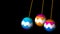 Three bright christmas balls swing in space, 3d render background, computer generated backdrop