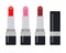 Three bright red lipsticks vector flat isolated