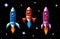 Three brightly colored rockets in outer space