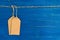 Three brown blank paper price tags or labels set hanging on a rope on the blue background.