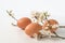 Three brown Easter eggs and a cherry plum twig Prunus cerasifera with white flowers, spring decoration on a white table with