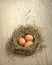 Three brown eggs on nest on wooden plate