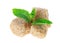 Three brown lump cane sugar cubes with peppermint