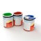 Three buckets of paint on a white surface, 3d rendering