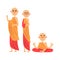 Three Buddhist monks in orange clothes and in different poses vector Illustration