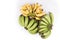 Three bunches organic green and yellow banana on white background