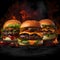 Three burgers, cheeseburgers, chicken burgers, burgers with lettuce, cheese, bacon, pickle, tomato, sauce, onion. Dark background