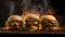 Three burgers, cheeseburgers, chicken burgers, burgers with lettuce, cheese, bacon, pickle, tomato, sauce, onion. Illustration,