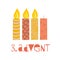 Three burning advent candles vector illustration. Third sunday in advent. 3. Advent german text. Flat Holiday design with candles