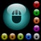 Three buttoned computer mouse icons in color illuminated glass buttons