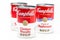 Three can tins of Campbell`s brand tomato soup, chicken noodle soup and cream of mushrooms  soup