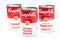 Three can tins of Campbell`s brand tomato soup, chicken noodle soup and cream of mushrooms  soup