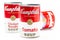 Three can tins of Campbell`s brand tomato soup, chicken noodle soup and cream of mushrooms  soup