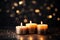 Three candles cast their warm glow against an abstract black background, fostering contemplation of a celebratory mood. festive