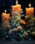 Three candles with flowers and leaves on them, AI