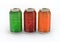 Three cans of colored carbonated drinks.