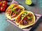 three carne asada mexican street tacos in corn tortilla with lime. Generative AI